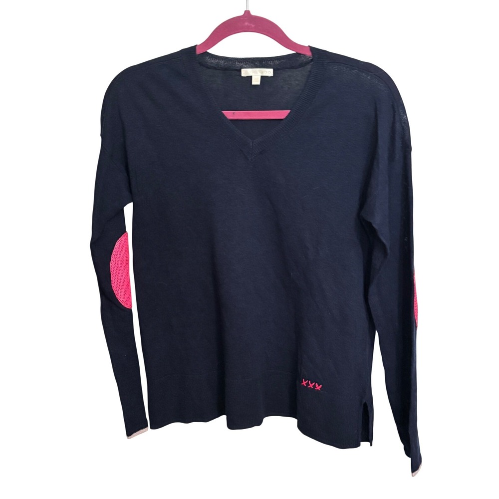 Lisa Todd | V-Neck‎ Sweater Blue Linen Blend Pink Neon Elbow Patch Sz S